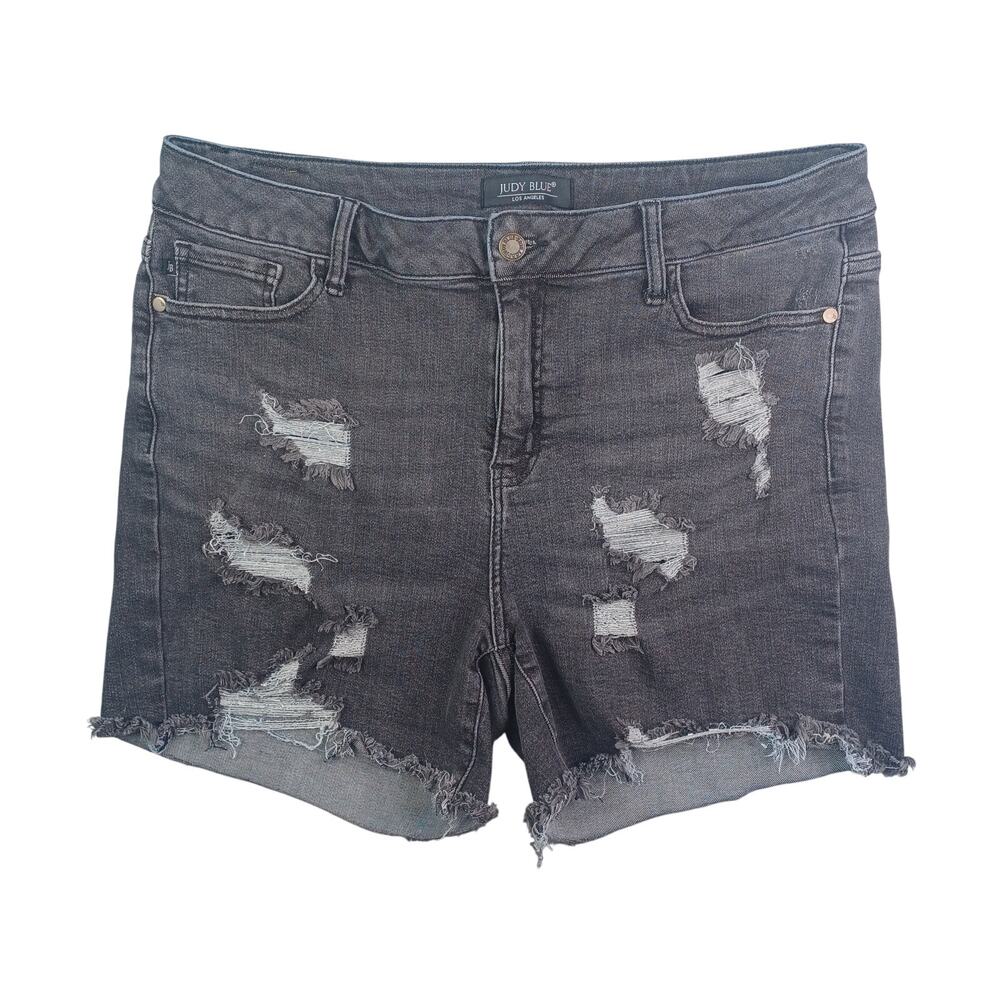 Judy Blue Distressed Denim Shorts Women 1XL Black High Rise 4" Cutoff Raw Grunge